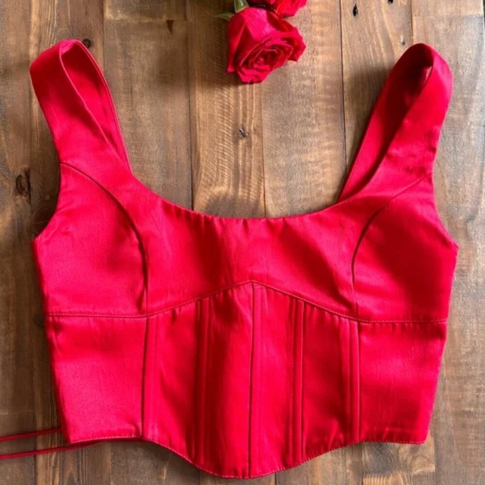 Danielle Guizio Satin Red Lace Up Bustier Corset - Picture 12 of 13